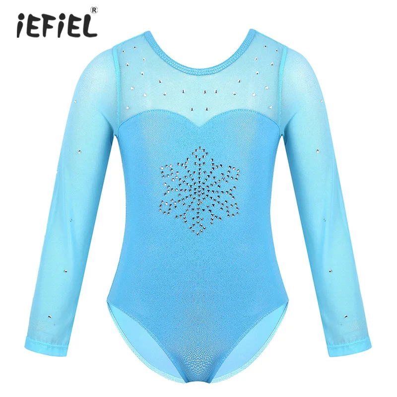 Kids Girls Ballet Dress Long Sleeve Sparkly Rhinestone Snowflake Tulle Splice Dance Gymnastics Leotard Jumpsuit Dancewear | Детская
