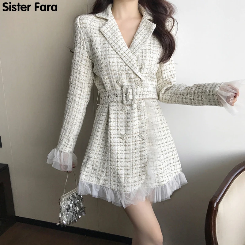 

Sister Fara New Spring 2021 Double Breasted Woolen Coat Women Turn-Down Collar Sashes Petal Sleeve Overcoat Autumn Female Coat