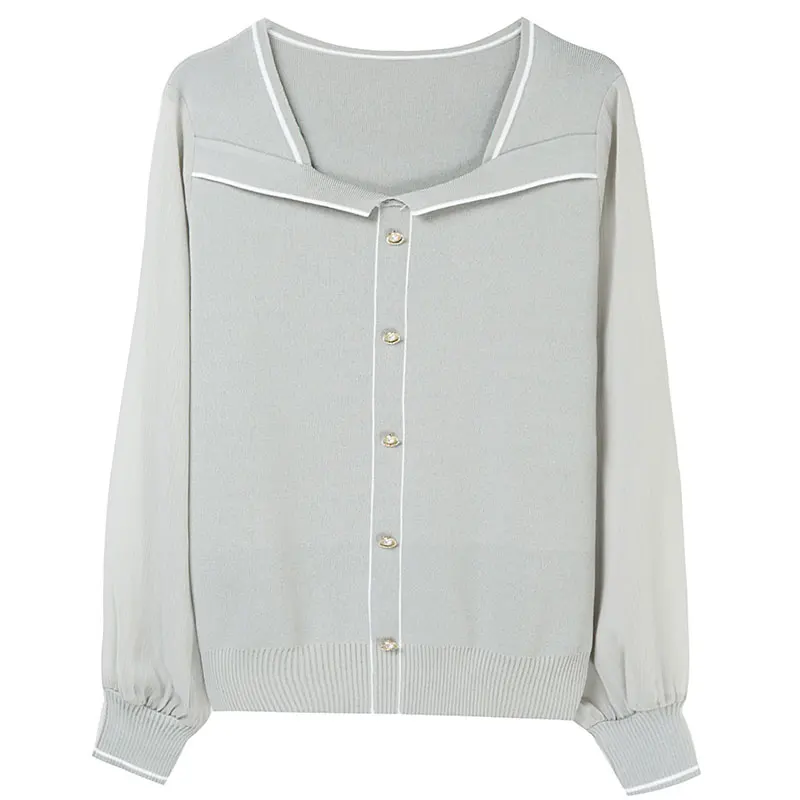 

YISU 2021 Fashion Women Sweater Spring Solid color Square collar Transparent sleeve Loose Jumper Female Casual Knitted Pullover