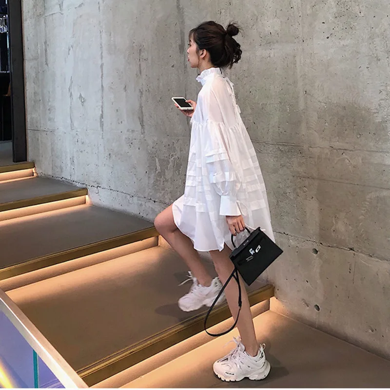 Женское Свободное платье с рукавами фонариками DEAT белое прямое свободного