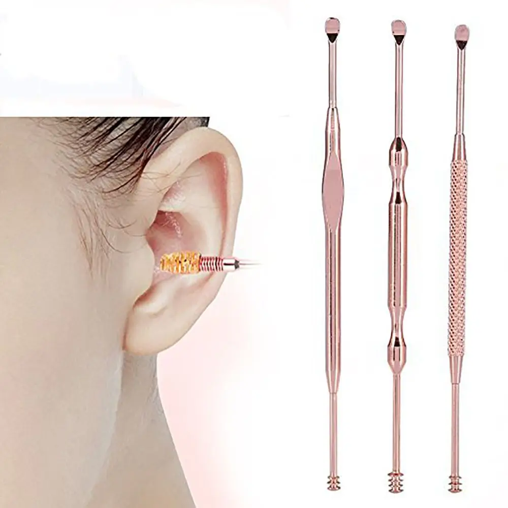 

3pcs Stainless Steel Rose Gold Earpick Ear Wax Remover with Box Double Ends Ear Cleaner Portable Spoon Spiral Ear Care Tools