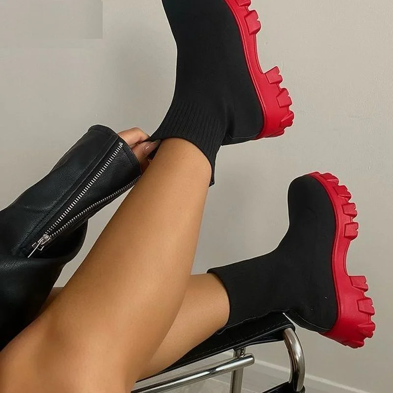 Женские вязаные ботинки на толстой подошве красные повседневные ботинки-носки