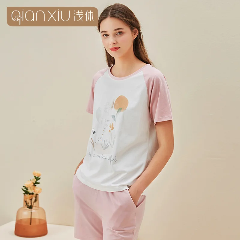 

Women's pajamas summer new lovers bamboo fiber round neck home suit printed women's short sleeve pajamas