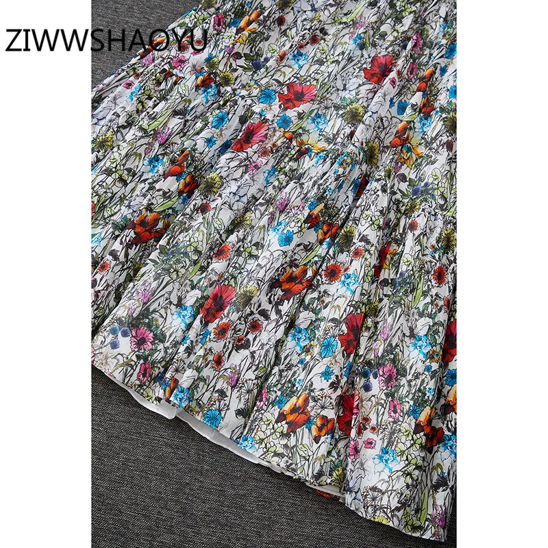 

ZIWWSHAOYU Fashion Women Flower Print Cotton Skirt Runway Elegant Ankle-Length Skirt Female