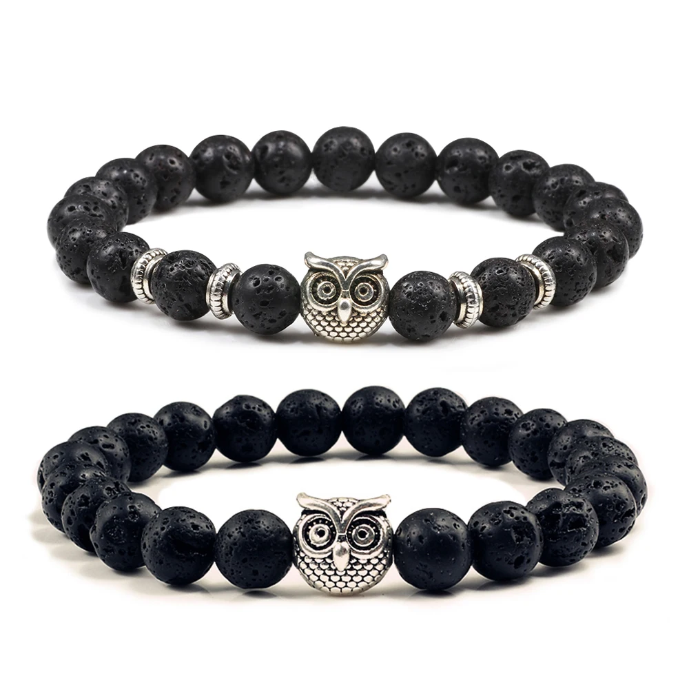 Сова Будда браслеты из бисера очарование натуральная черная лава матовый камень