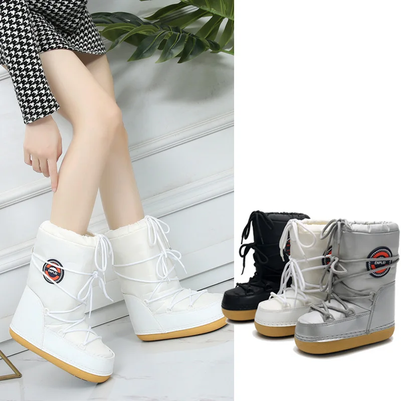 

2021 Winter Snow Boots Women Mid-Calf Lace-up Cotton Warm Waterproof Non-Slip Platform Booties Female Shoes Plus Size 42 3 Color