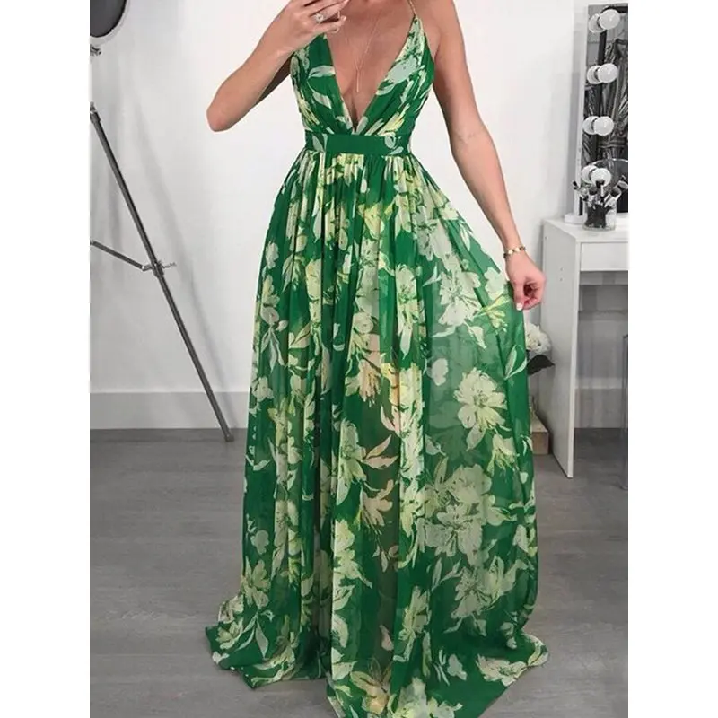 Летнее женское шифоновое макси-платье с открытой спиной Пляжное Платье в стиле