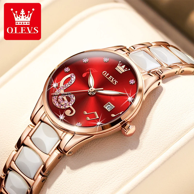 OLEVS Fashion Casual New Ladies Rose Red Diamond Quartz Calendar Watch Ceramic Steel Band Waterproof Luminous Watches Female enlarge