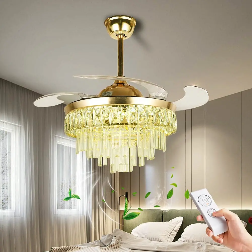 

42’’ Fandelier Crystal Ceiling Fan with Light and Remote Modern Retractable LED Light Ceiling Fan Chandelier