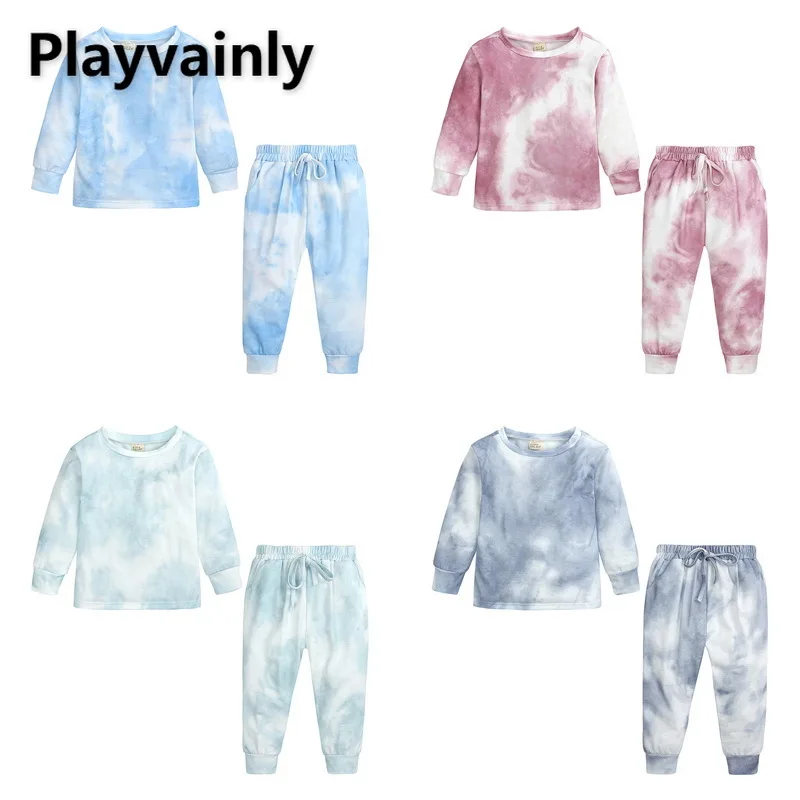 

Spring Autumn New Girls Outfits Tie-dye printed Cotton Long Sleeves Sports Set 2pcs Sets Baby Clothes E100249