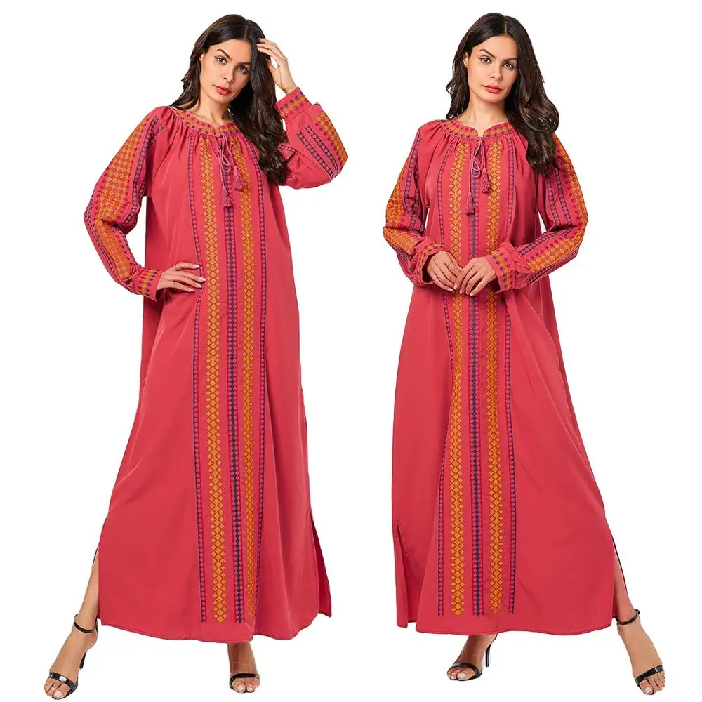 Женское этническое платье абайя с вышивкой и длинным рукавом мусульманское