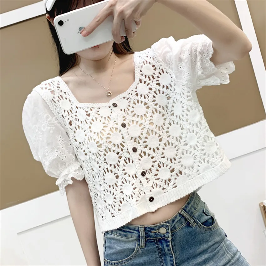

Элегантный кроп-топ во французском стиле 2022, белая кружевная блузка, рубашка, Женские топы и блузки, рубашки в стиле бохо, вязаные крючком, же...
