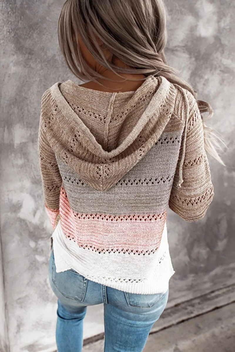 Женский вязаный свитер с капюшоном длинным рукавом и молнией спереди |