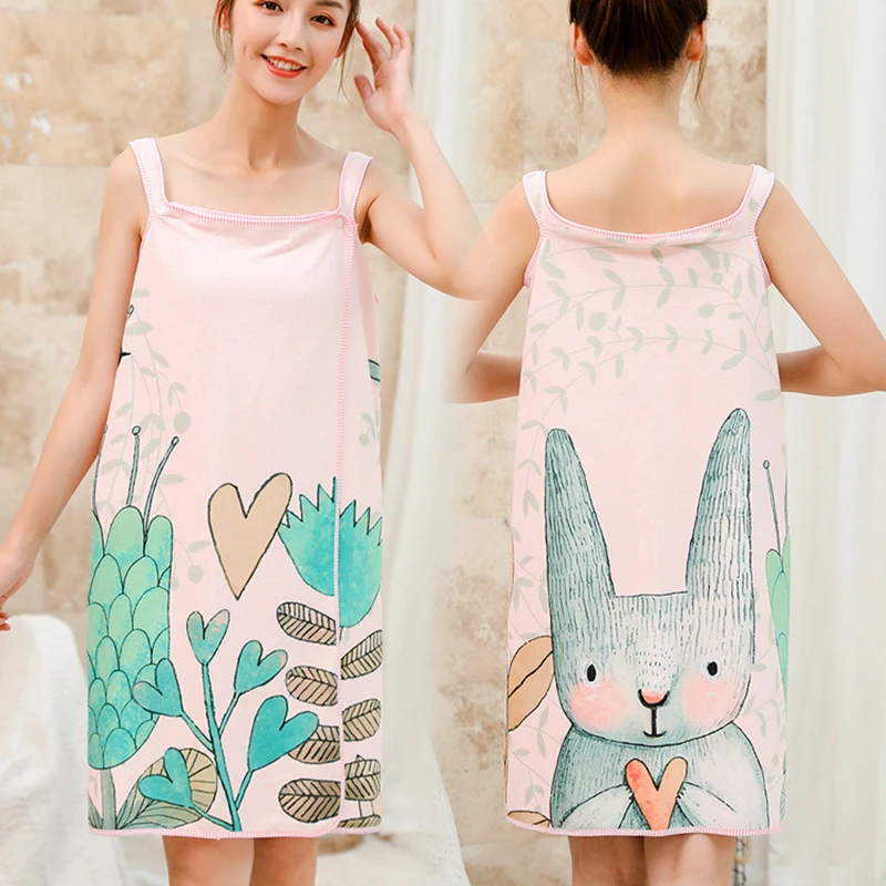 Women Robes Sling Towel Dress Fast Drying Beach Towel Cartoon Pattern Bath Skirt Nightwear Microfiber