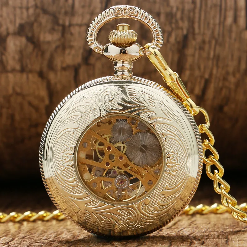 Luxury Yellow Golden Hollow Flower Sun Case Design Roman Number Dial Men Women Skeleton Manual Mechanical Pendant Pocket Watch