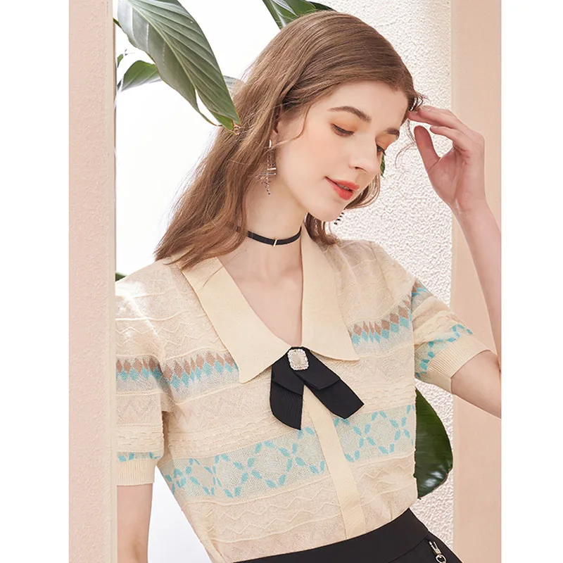 

Knitted Sweater Pullovers Women Turn-Down Collar Short Sleeve Striped Plaid Casual Jumper 2021 Summer Fashion Y2k Traf Top Femme