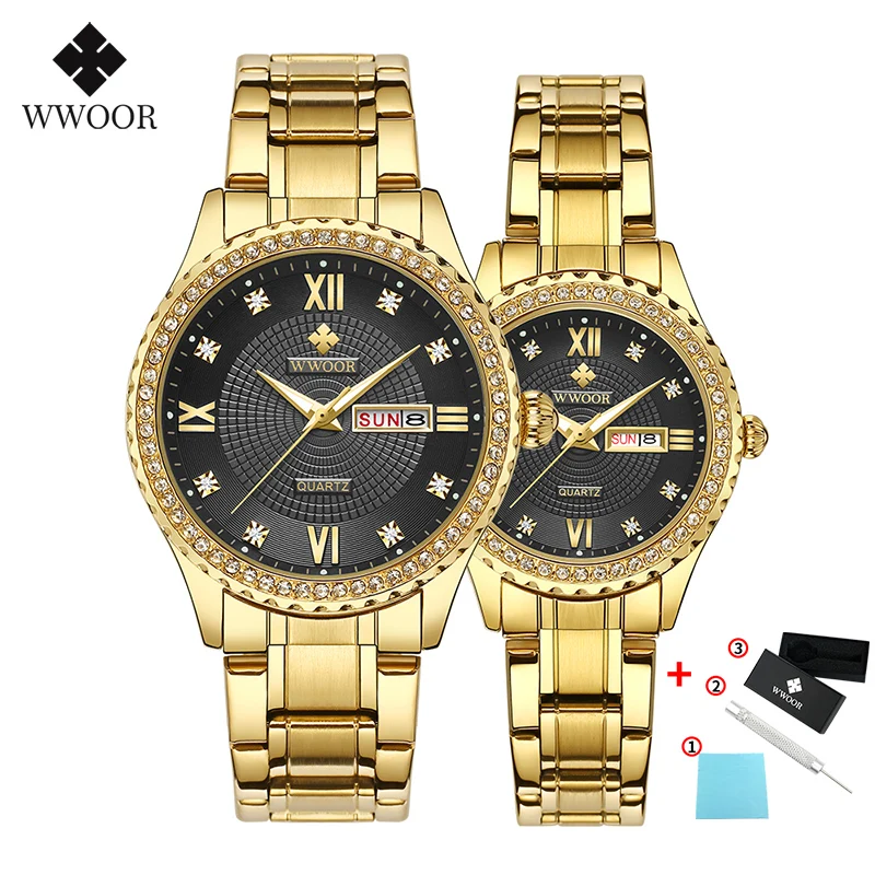 gold black WWOOR модные часы для влюбленных, мужские и женские часы, кварцевые часы из нержавеющей стали, ЖЕНСКИЕ НАРЯДНЫЕ часы, часы для пар, подарки, parejas - Цвет: gold black