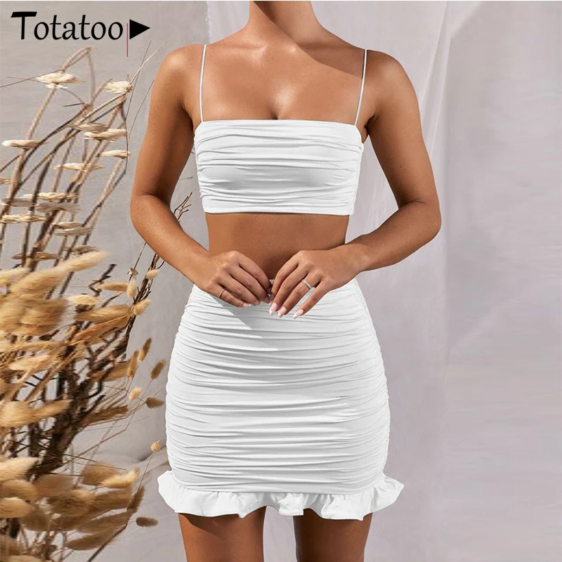 

Totatoop Women Summer 2 Piece Set Bodycon Dress 2020 Spaghetti Strap Crop Top And Mini Skirts Ruffles Ruched Sexy Party Dresses