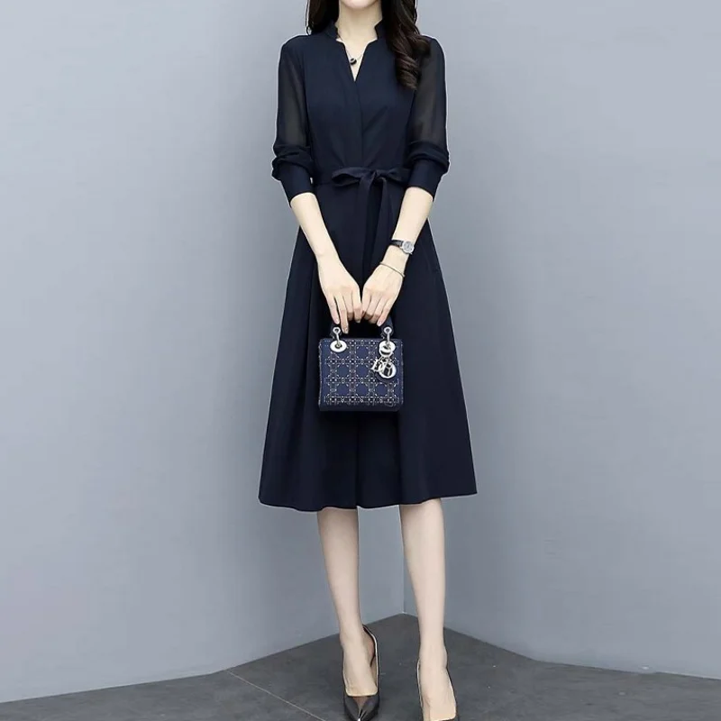 

Spring and summer new style V-neck waist slimming chiffon dress Temperament elegant long sleeve chiffon dress