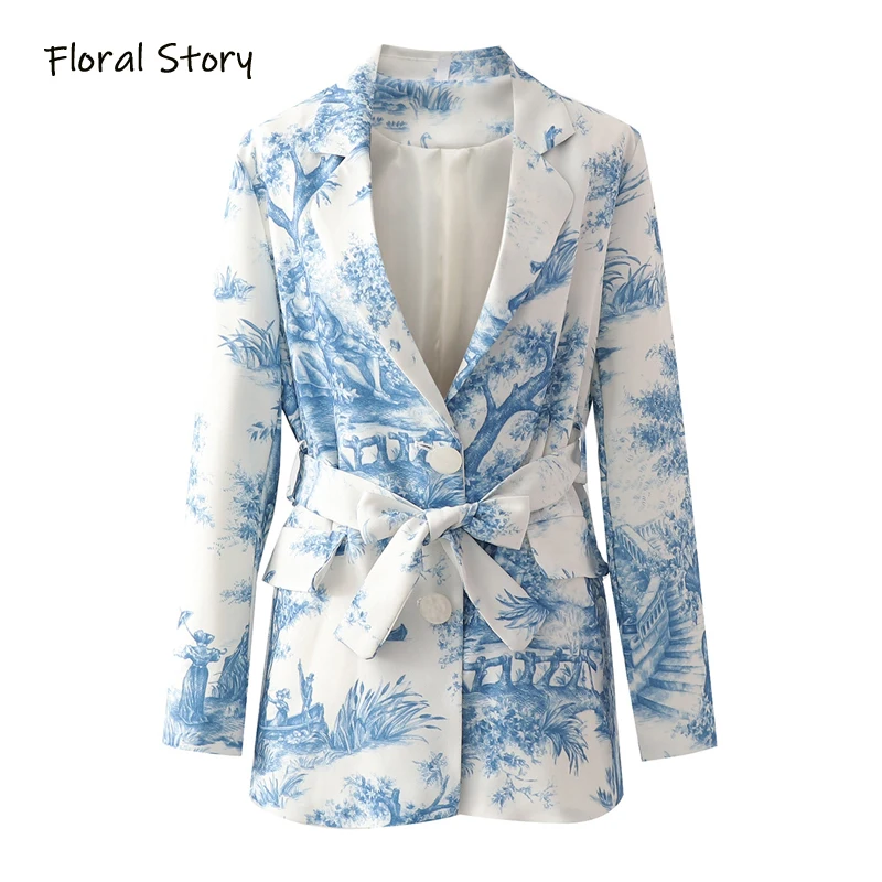 FLORAL STORY Women Long Sleeves Elegant Blazer Spring & Autumn Fashion Printed Casual Chic Coat Loose Outwear Office Lady Suit