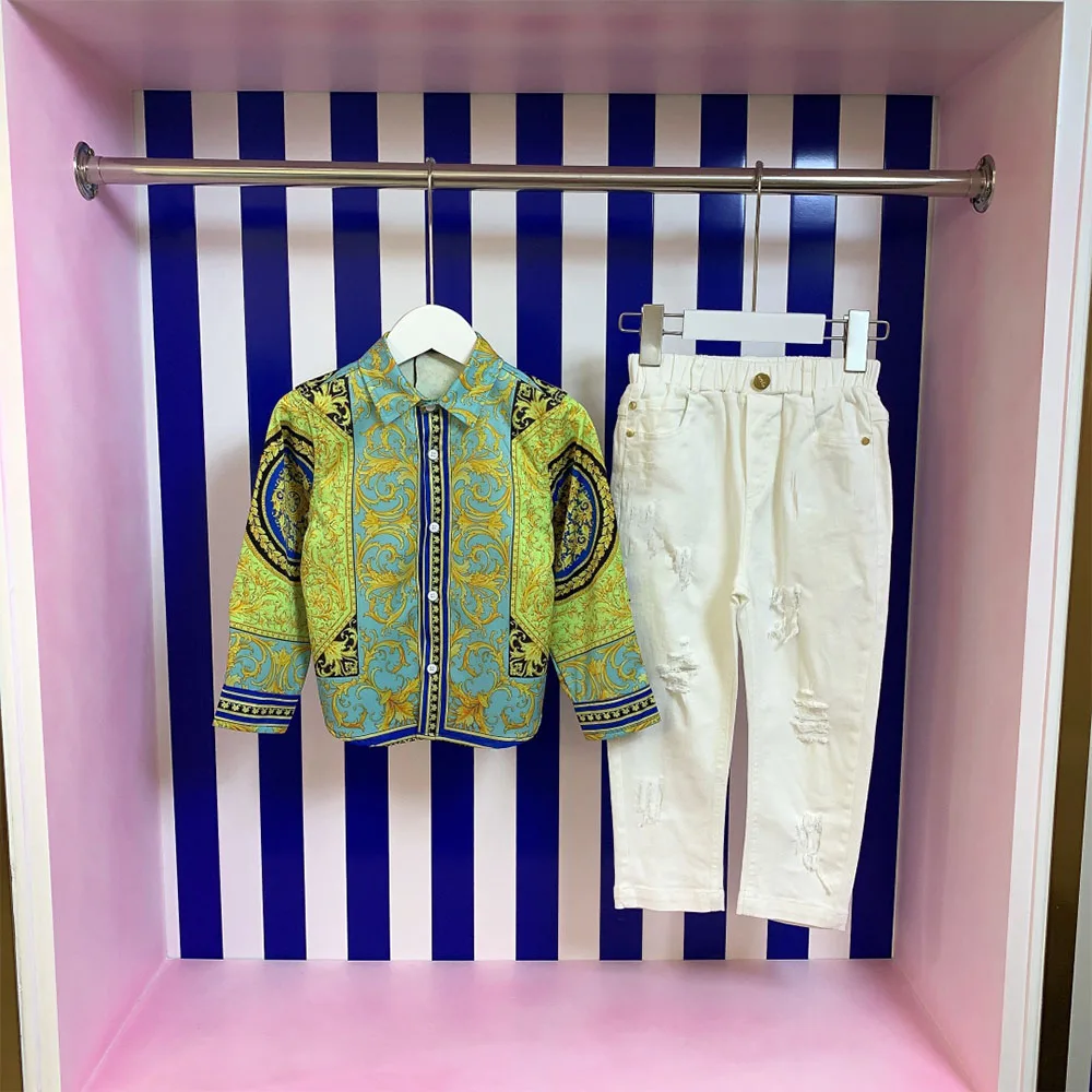 

Детские комплекты для мальчиков, Весенняя и осенняя одежда, повседневная рубашка с длинным рукавом + брюки, брендовая дизайнерская детская ...