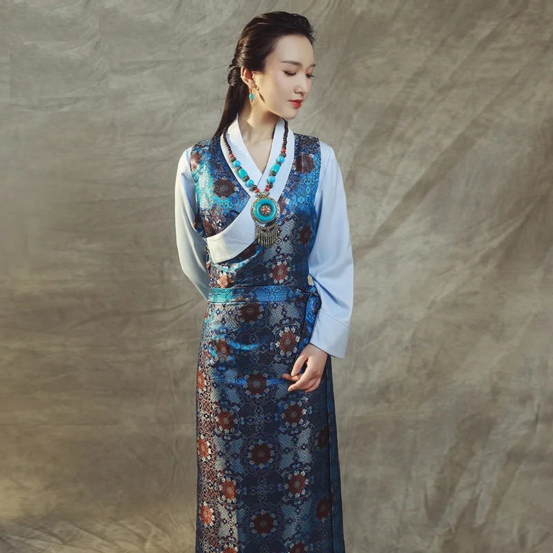 

Women's Tibetan Xizang elegant ethnic style two piece Robe+jacket Lhasa Guozhuang Bola Peacock blue