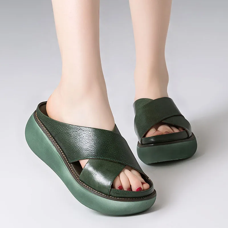 

Women Sandals Slippers Leather Slope Heel Soft Summer Woman Slippers Platform High Heels Outdoor Indoor Casual Shoes Flip Flop