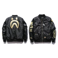 new tide brand black gold embroidered leather jacket japanese style shark baseball cotton padded jacket men streetwear coat