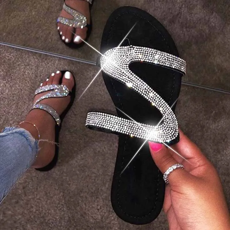 Женские шлепанцы Летние со стразами Уличная обувь Модные шикарные Вьетнамки Femme