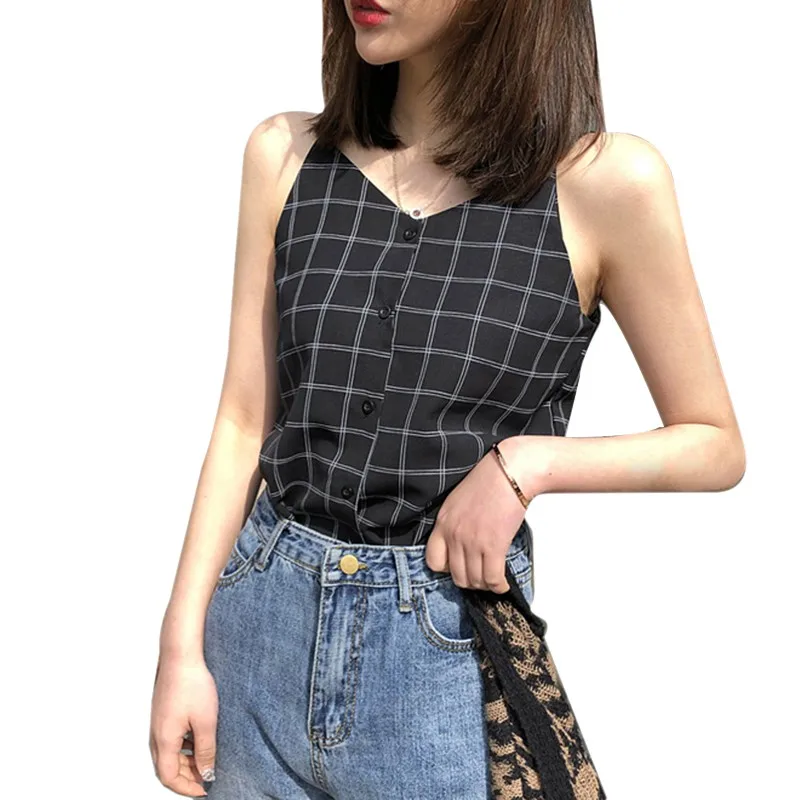 

Women Sleeveless Plaid Print Blouse V Neck Blouses Casual Simple Loose Blouse Chiffon Tank Tops Blouse New