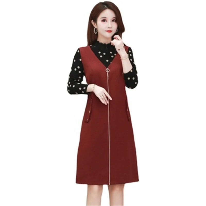 

Fake Two Piece Sets Dresses New Spring Autumn Women Dress Long Sleeve Patchwork Zipper Pockets Femme Vestido Dot Ladies Clothing