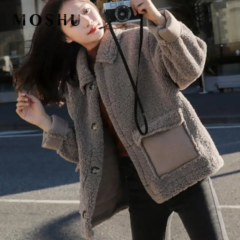 Teddy Bear пальто женщина с лацканами из искусственного меха длинными рукавами и