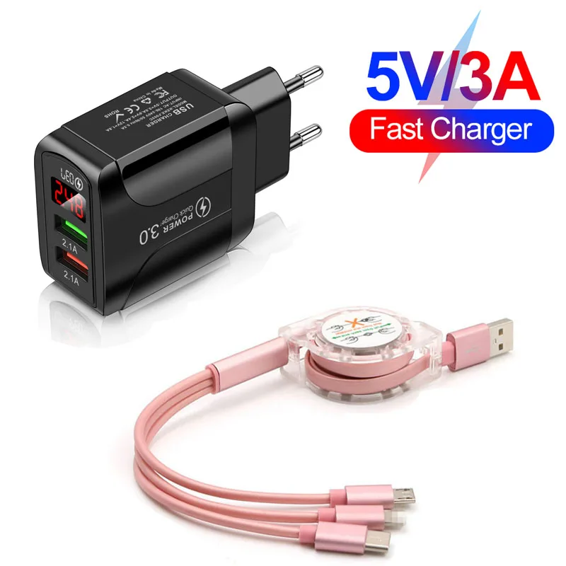 Зарядное устройство 3 в 1 с 2 USB портами и поддержкой быстрой зарядки 0 мобильный