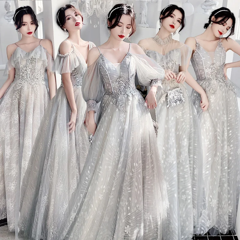 

Bridesmaids Dresses Short V-Neck Embroidery Sequined Lace Tulle Off The Shoulder Luxury Gray Wedding Party Dress For Lady E046