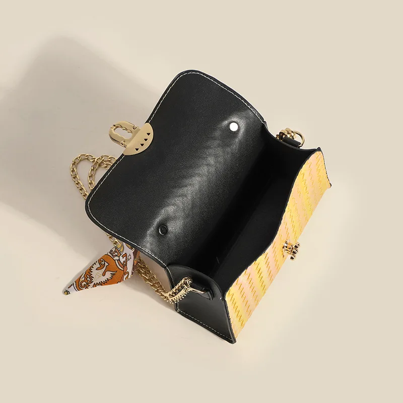 Fashion Woven Pattern Leather Crossbody Bag For Women Casual Travel Handbag With Silk Scarf Ladies Chain shoulder Messenger Bag