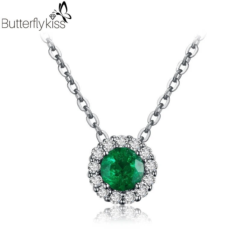 

BK 18k White Gold Pendant Necklaces For Women Genuine Gold 585 Round Natural Emerald Gemstone With Diamond Wedding Jewelry