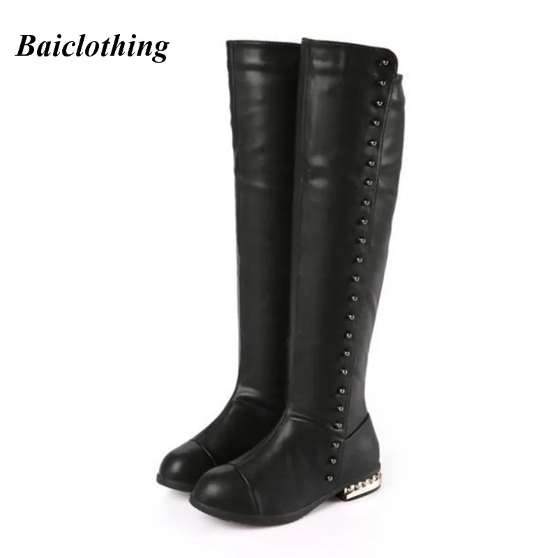 Детские сапоги до колена из искусственной кожи теплые короткие черные с плюшевой