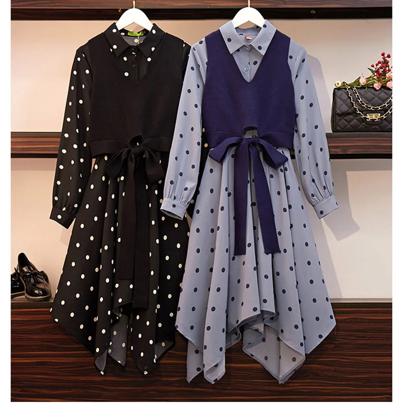 

Large Size Women's Set Clothes 2020 New Spring Autumn Fashion Dot Irregular Dress Bow Crop Tops Skirt Two-piece Vestidos f1458