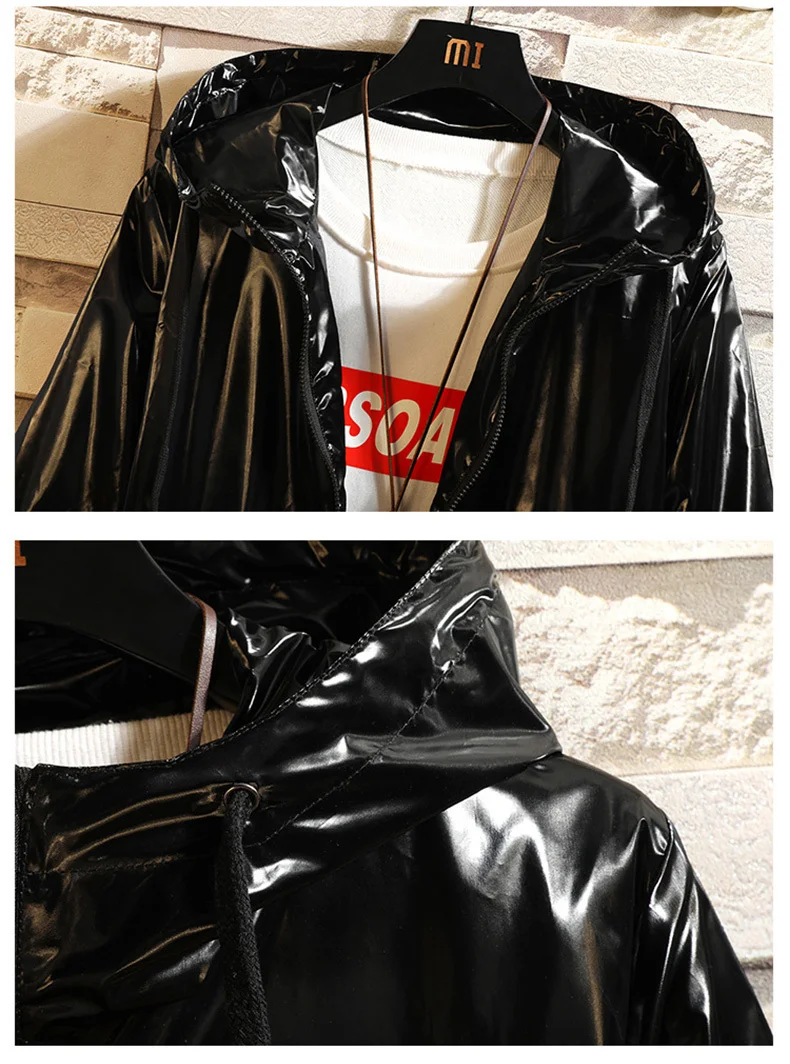 Глянцевая Мужская модная однотонная Повседневная куртка с капюшоном, Мужская Уличная Свободная куртка в стиле хип-хоп, мужская куртка-бомбер, M-6XL