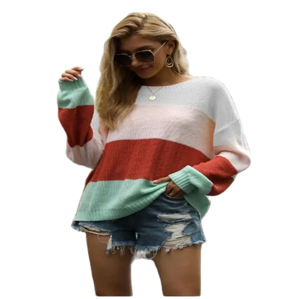 Autumn Fashion 2020 Women O-Neck Sexy Dew Shoulder Stripe Long Sleeve Pullovers Streetwear Casual Loose Lantern Sweater | Женская одежда