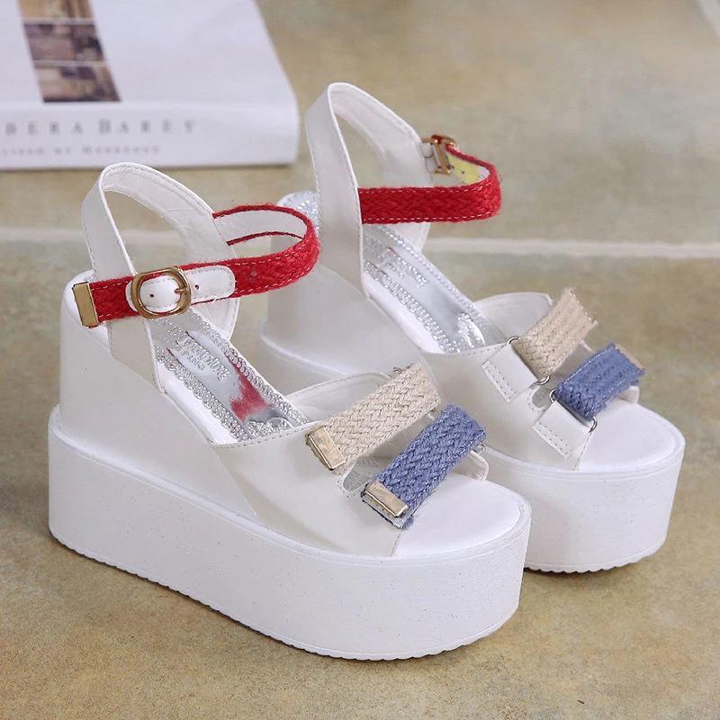 

PU Leather Rivet Buckle Strap Hollow Wedges Roman Sandals Fashion Peep Toe Heightening Shoes12CM Non-Slip Platform Beach Shoes
