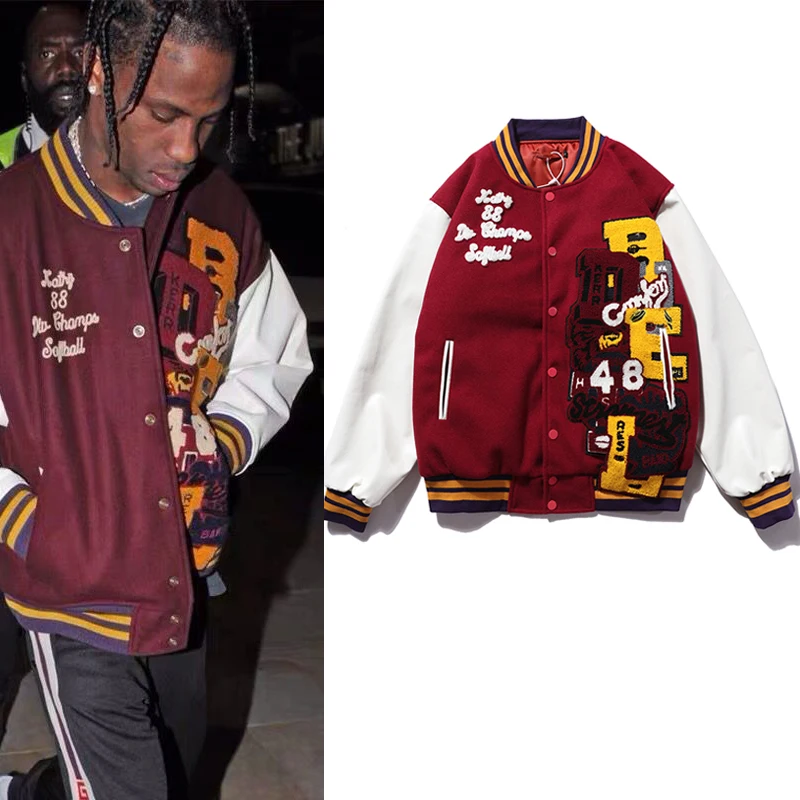 

Travis Scott Woolen Leather Sleeve Embroidery Baseball Uniform Men's Stand Patchwork Hip Hop Casual Thick Winter Jacket