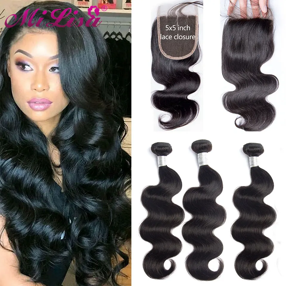 Бразильские волнистые волосы с закрытием 3 пучка s Mi Lisa пучок волос Remy свободная