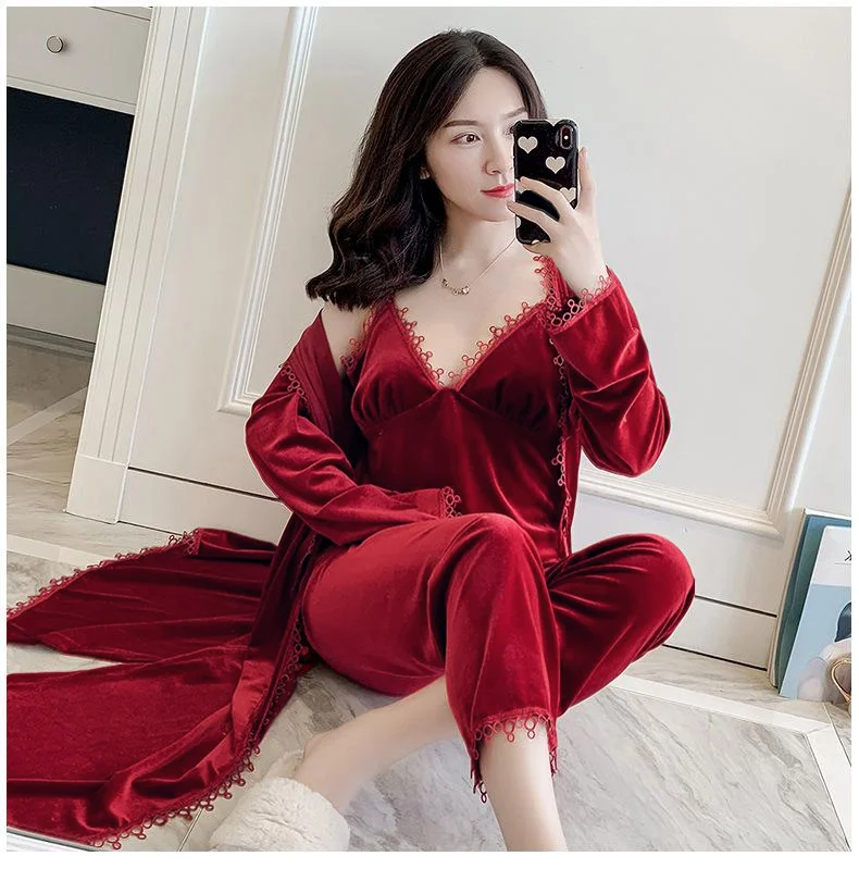 Женский Пижамный костюм из 3 предметов бархатный халат Ночная одежда для сна