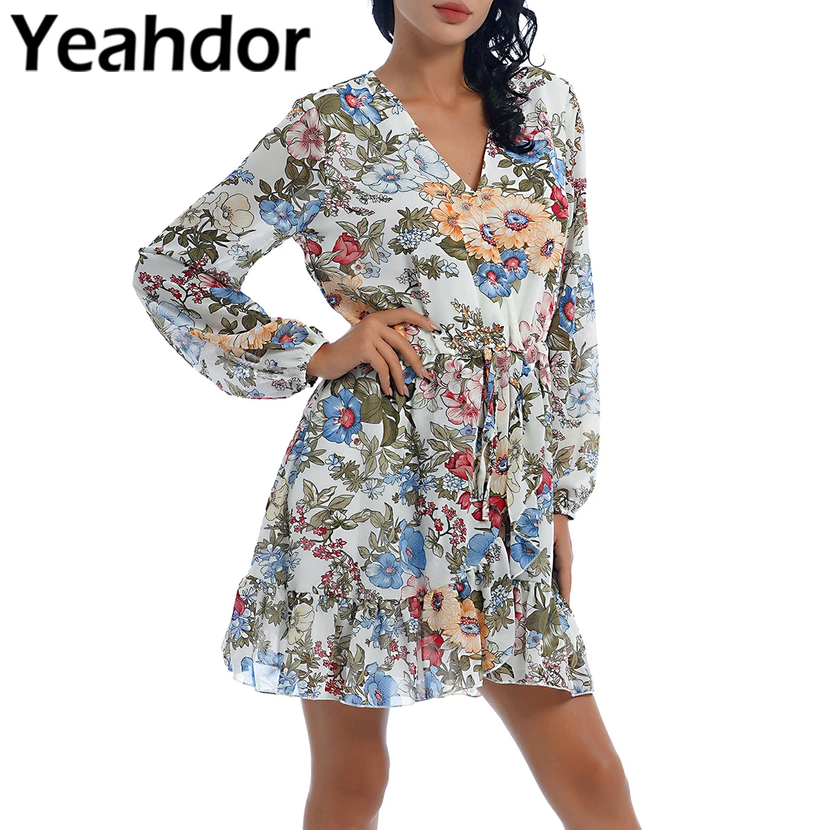 

Women Summer Casual Dresses Floral Print V Neck Chiffon Dress Long Sleeve Elastic Waist Ruffled Dress Female Stylish Streetwear