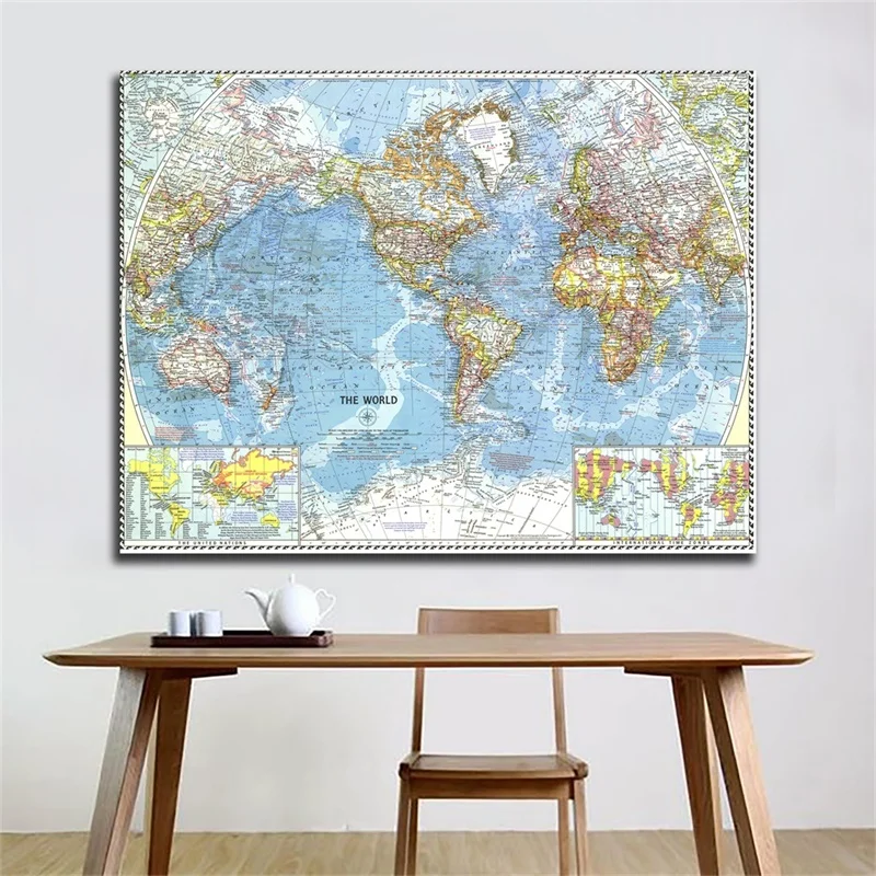 

A2 World Map Wall Sticker Classic Edition Wall Art Painting Retro Physical World Map for School Office Home Travel Supplies