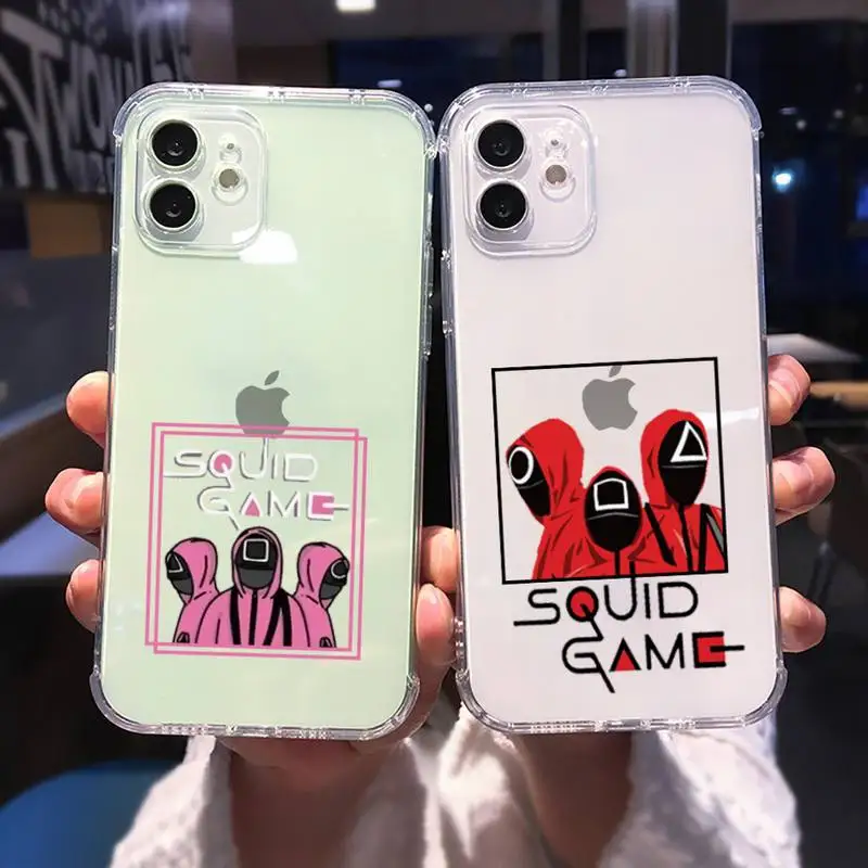 

Squid Game Pink Soldiers Phone Case Transparent for iPhone 13 11 12 Samsung A S 9 10 30 Pro X Max XR Plus lite Clear shell
