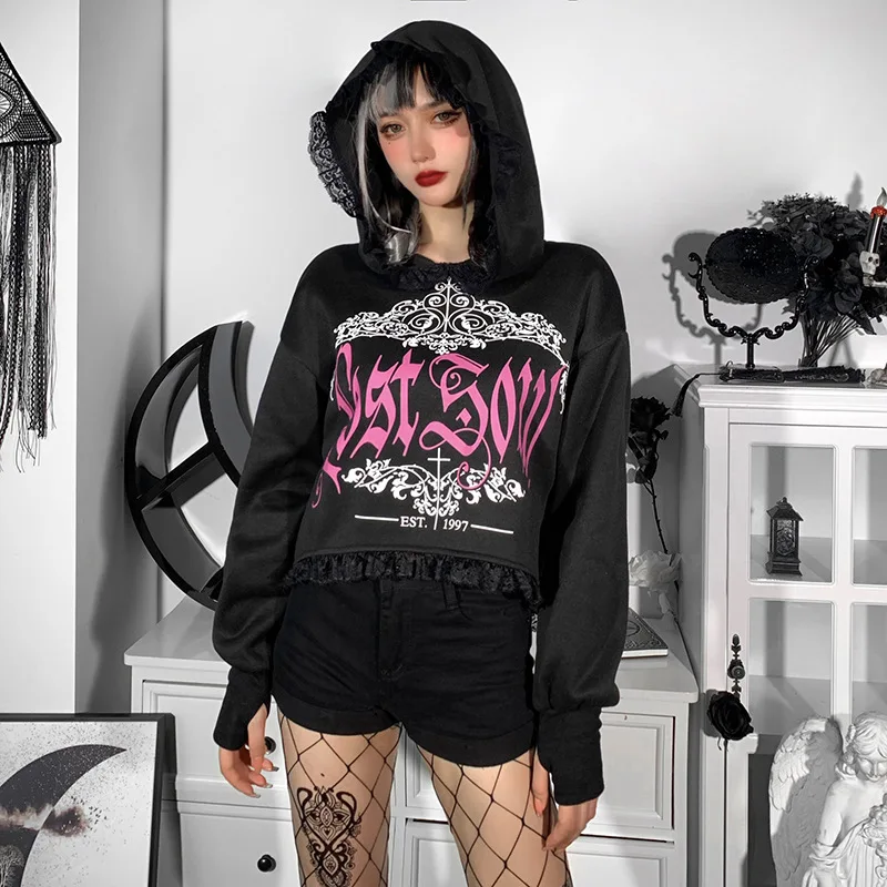 

Dark Goth Hooded Sweatshirt Women Streetwear Grunge Fairy Lace Stitching Print Loose Anime Hoodie Harajuku Clothes For Teens