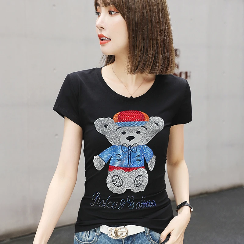 

Женские повседневные футболки, хлопковые бриллиантовые рандомные женские футболки с коротким рукавом, одежда с круглым вырезом, сексуальн...