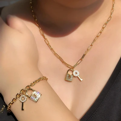 AB Jewelry Sets Роскошный небольшой замок с ключом Ювелирные наборы кубический цирконий кулон колье ожерелье золотые цветные браслеты наборы для женщин панк вечерние ювелирные изделия - Окраска металла: AB Jewelry Sets